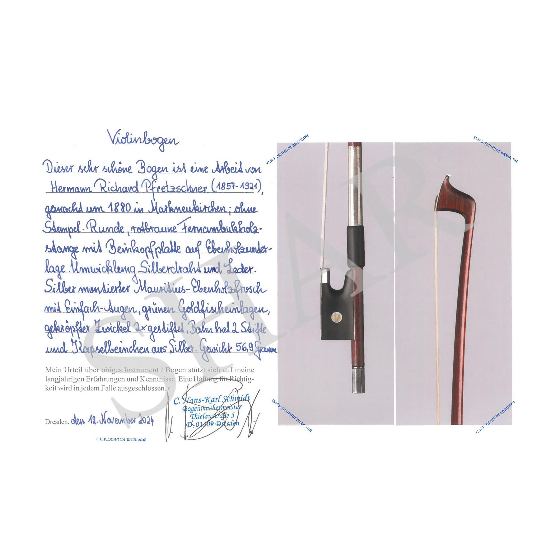 H.R. Pfretzschner Violin Bow, Markneukirchen c.1880, w/ Certificate