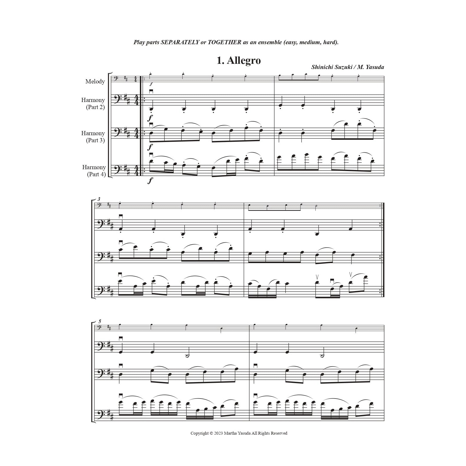 Yasuda, Martha - Folk Song Melodies For Cello Ensemble - Digital Download