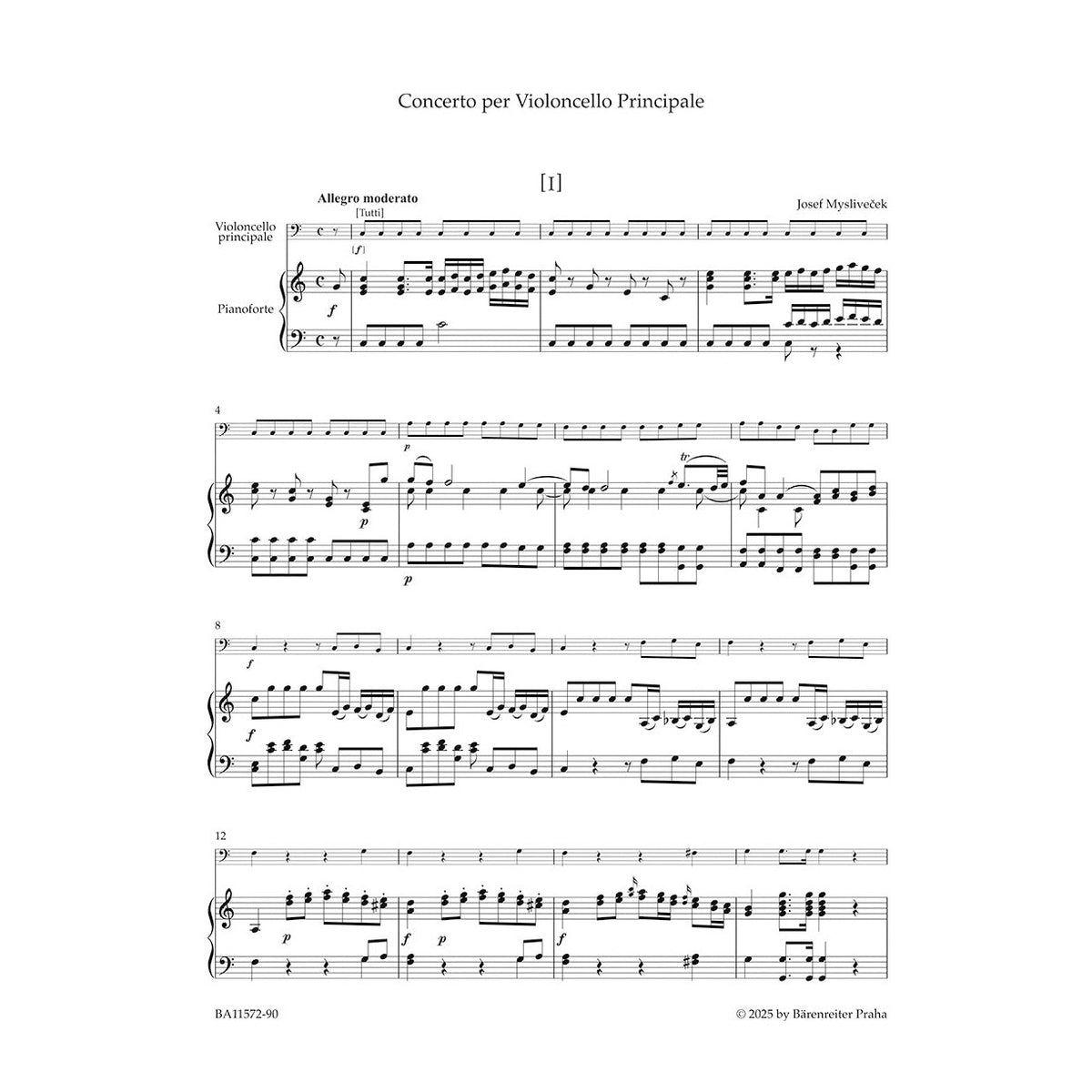 Mysliveček, Josef - Cello Concerto in C Major - Cello and Piano - edited by Spurný - Barenreiter Urtext