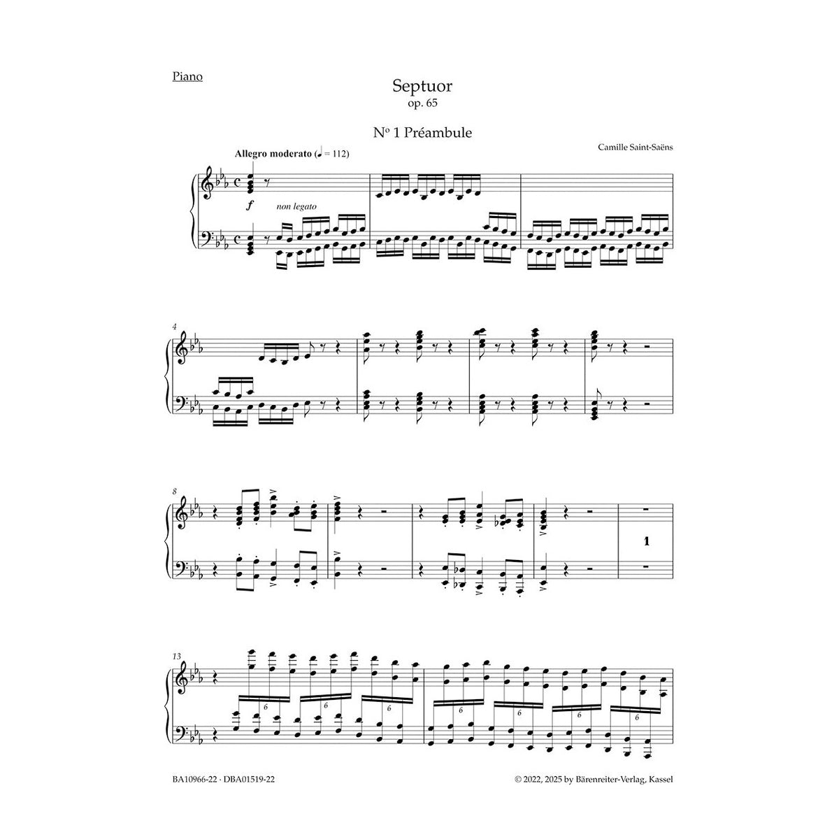 Saint-Saëns, Camille - Septuor for Trumpet, Piano, Two Violins, Viola, Cello and Double Bass in E-flat Major, Op. 65 - Parts - edited by Ratner - Barenreiter Urtext