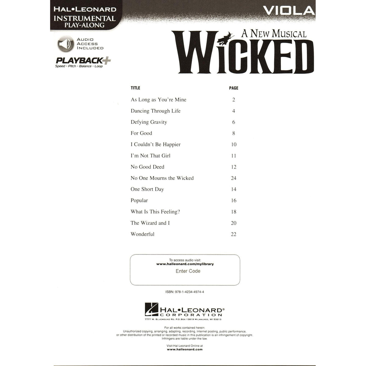 Wicked - 13 Songs from the Musical - for Viola with Audio Accompaniment - Hal Leonard Instrumental Play-Along