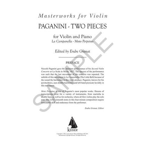 Paganini, Niccolò - La Campanella and Moto Perpetuo - Violin and Piano - edited by Endre Granat - Lauren Keiser Music Publishing
