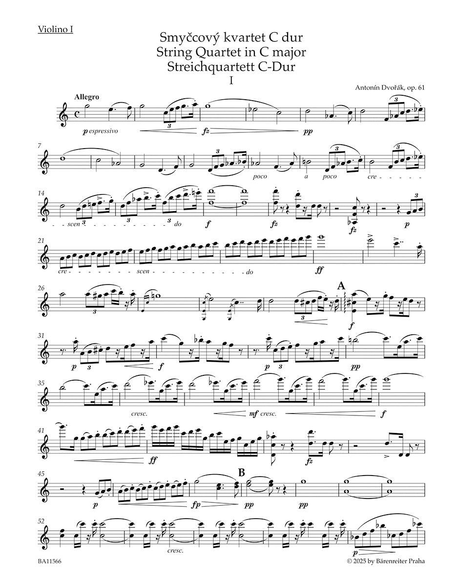 Dvořák, Antonín - String Quartet No. 11 in C Major, Op. 61 - edited by Schick - Barenreiter Urtext