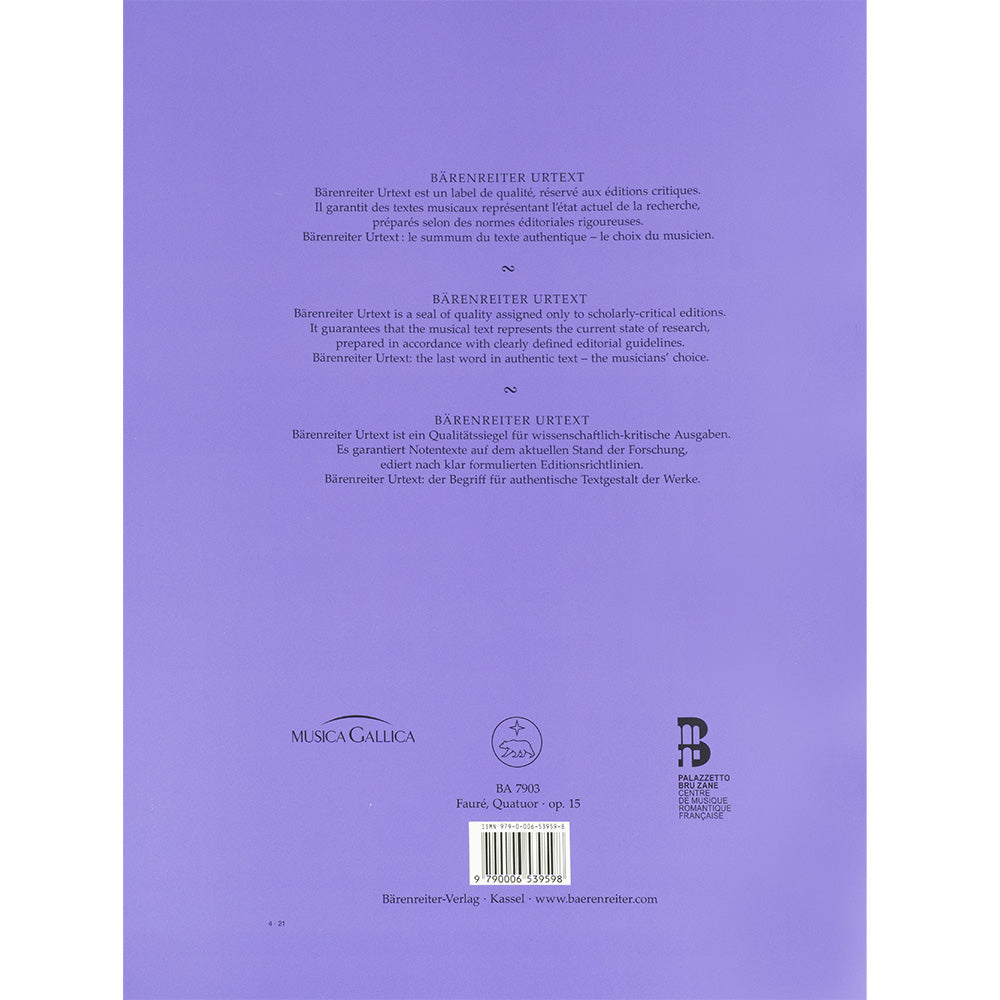 Fauré, Gabriel - Quartet for Piano, Violin, Viola and Violoncello in C Minor, Op 15 - Bärenreiter