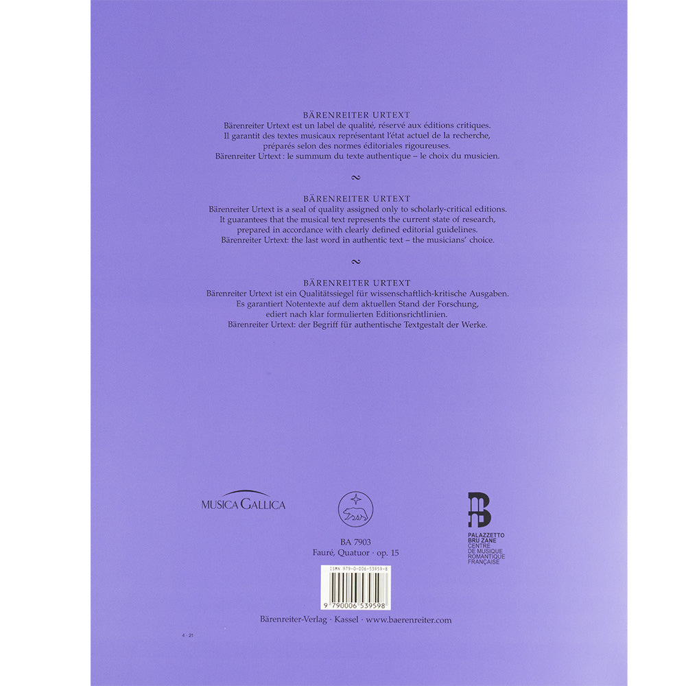 Fauré, Gabriel - Quartet for Piano, Violin, Viola and Violoncello in C Minor, Op 15 - Bärenreiter