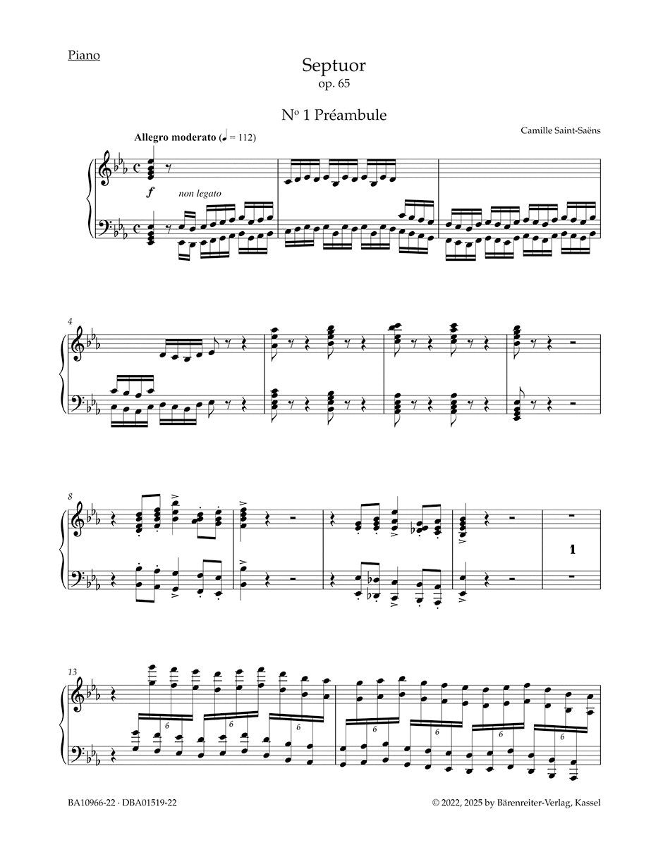 Saint-Saëns, Camille - Septuor for Trumpet, Piano, Two Violins, Viola, Cello and Double Bass in E-flat Major, Op. 65 - Parts - edited by Ratner - Barenreiter Urtext
