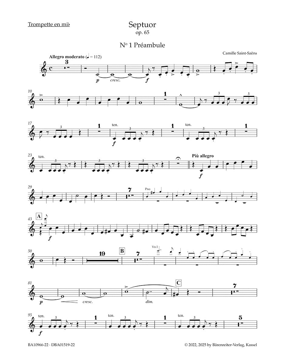 Saint-Saëns, Camille - Septuor for Trumpet, Piano, Two Violins, Viola, Cello and Double Bass in E-flat Major, Op. 65 - Parts - edited by Ratner - Barenreiter Urtext