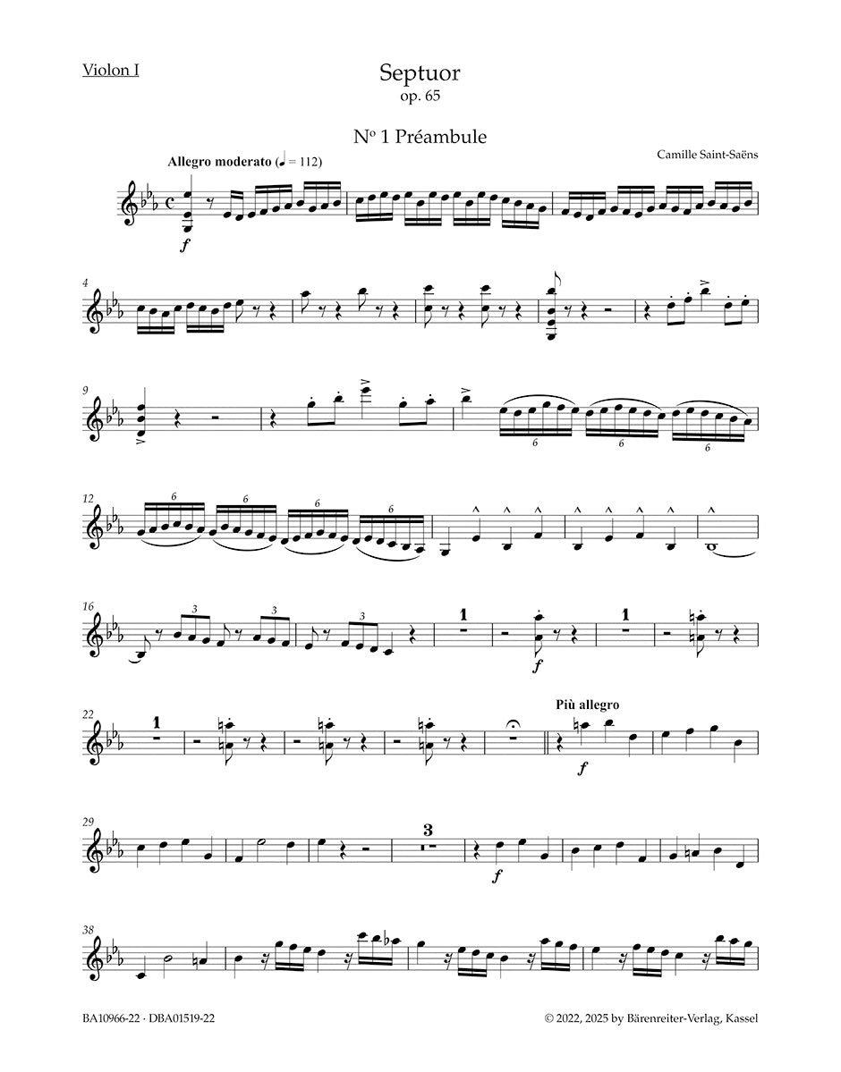 Saint-Saëns, Camille - Septuor for Trumpet, Piano, Two Violins, Viola, Cello and Double Bass in E-flat Major, Op. 65 - Parts - edited by Ratner - Barenreiter Urtext