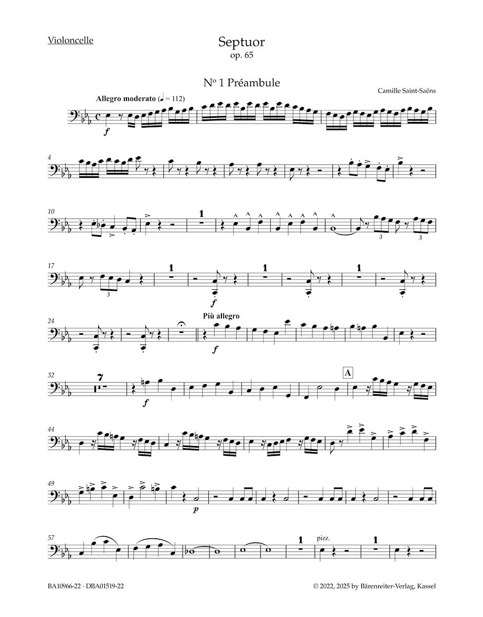 Saint-Saëns, Camille - Septuor for Trumpet, Piano, Two Violins, Viola, Cello and Double Bass in E-flat Major, Op. 65 - Parts - edited by Ratner - Barenreiter Urtext