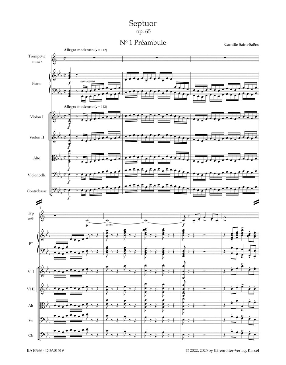 Saint-Saëns, Camille - Septuor for Trumpet, Piano, Two Violins, Viola, Cello and Double Bass in E-flat Major, Op. 65 - Score - edited by Ratner - Barenreiter Urtext