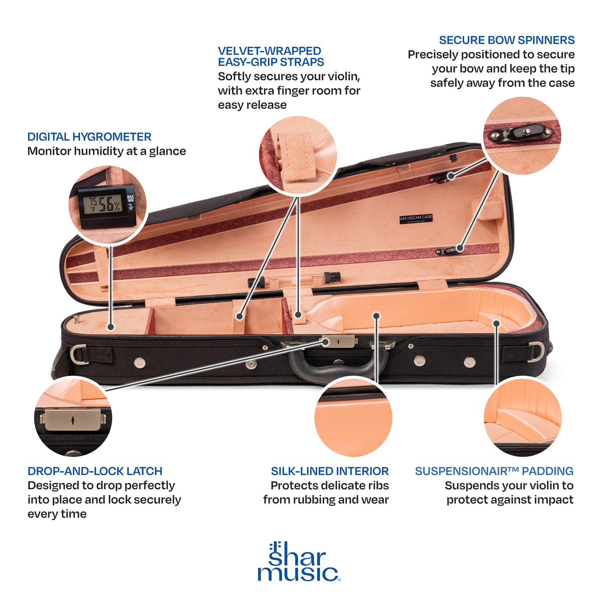 American Case Company Continental Signature Dart Violin Case, Champagne Interior, Open Case, Key Features Graphic