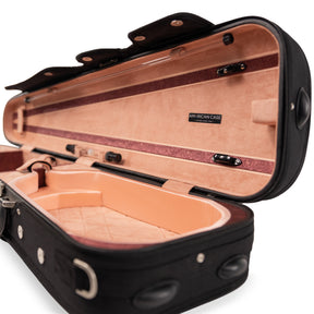 American Case Company Continental Signature Dart Violin Case, Champagne Interior, Open Case, Angled Shot with Logo Plate