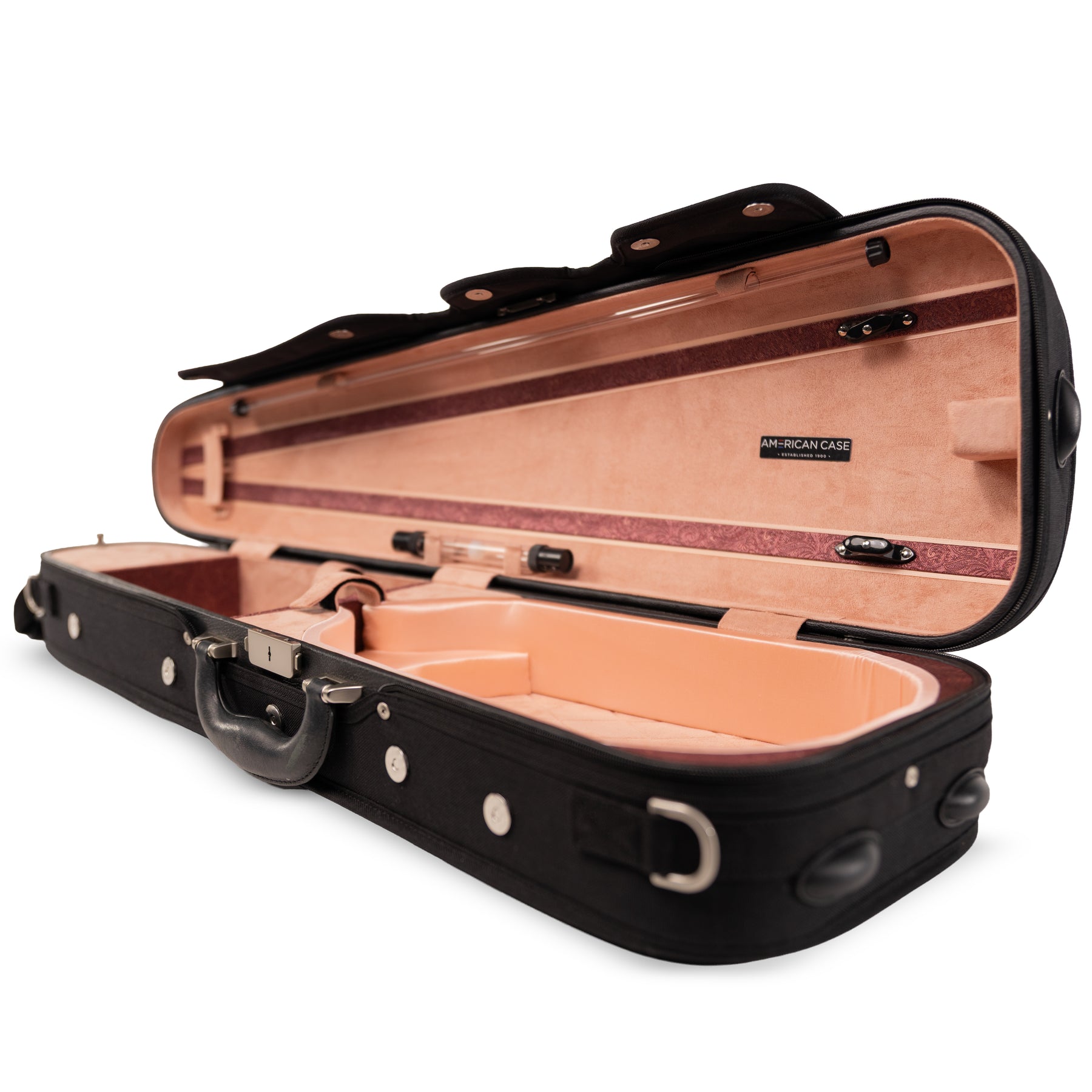 American Case Company Continental Signature Dart Violin Case, Champagne Interior, Open Case, Angled Shot