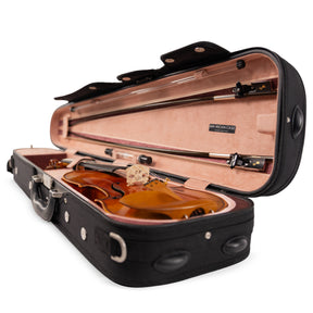 American Case Company Continental Signature Dart Violin Case, Champagne Interior, Open Case, Angled Shot with Logo Plate and Instrument