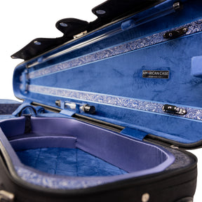 American Case Company Continental Signature Dart Violin Case, Sapphire Interior, Open Case, Angled Shot with Logo Plate