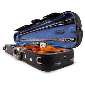American Case Company Continental Signature Dart Violin Case, Sapphire Interior, Open Case, Angled Shot with Logo Plate and Instrument