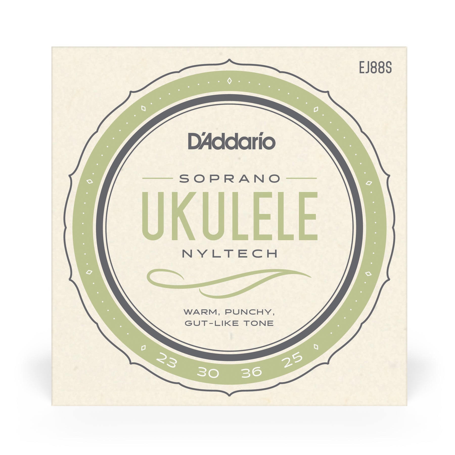 D'Addario Soprano Ukulele Nyltech string set packaging on a beige background