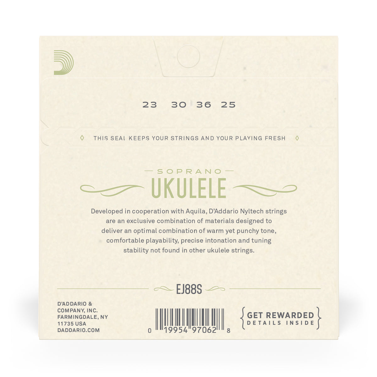 D'Addario Soprano Ukulele Nyltech string set back packaging on a beige background