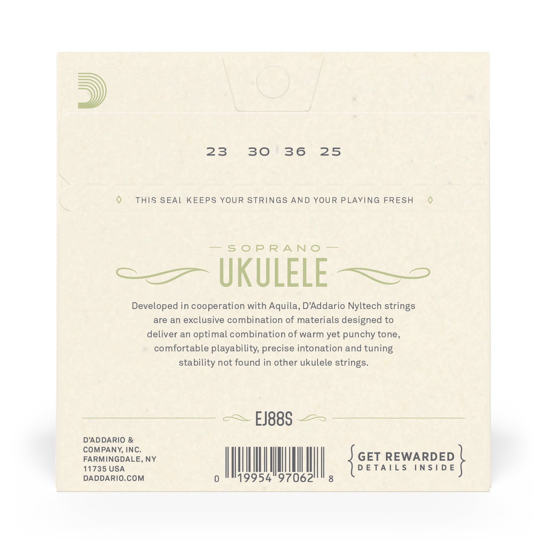 D'Addario Soprano Ukulele Nyltech string set back packaging on a beige background