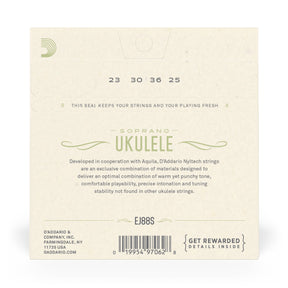 D'Addario Soprano Ukulele Nyltech string set back packaging on a beige background