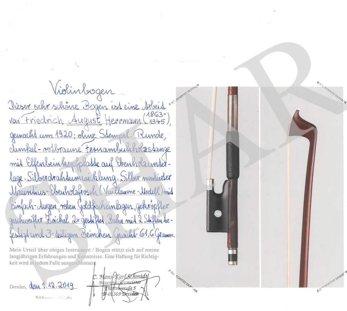 Friedrich August Herrmann Violin Bow, Markneukirchen, c.1920 w/ Certificate