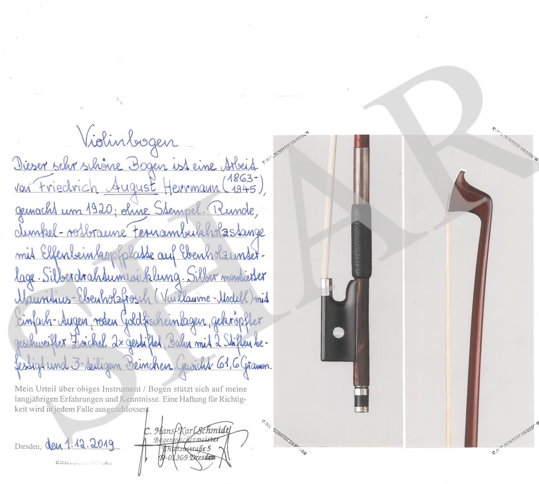Friedrich August Herrmann Violin Bow, Markneukirchen, c.1920 w/ Certificate