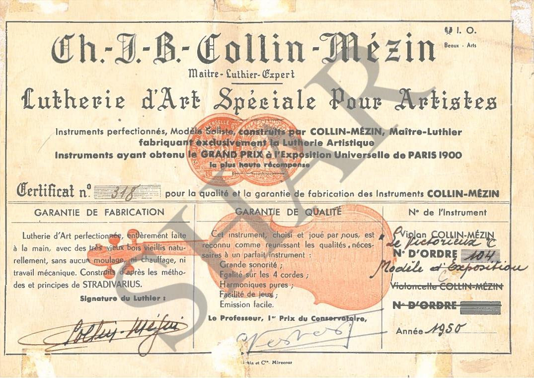Ch. J.B. Collin-Mezin III Violin, Paris, 1950 w/ Certificate