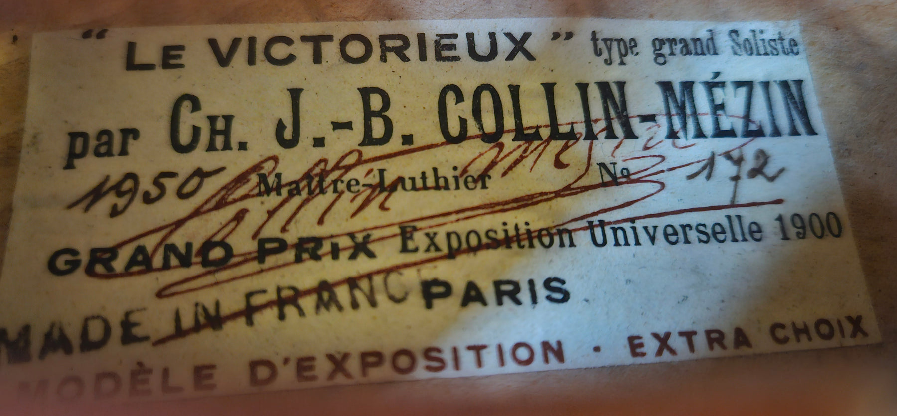 Ch. J.B. Collin-Mezin III Violin, Paris, 1950 w/ Certificate