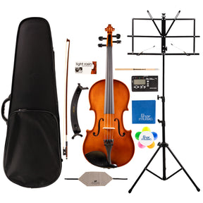 Detailed component view of a Franz Hoffmann Amadeus Deluxe Outfit for beginner viola with viola, wood bow, case, rosin, cleaning cloths, shoulder rest, tuner-metronome, folding stand, and more 