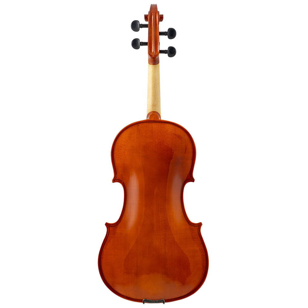 Back view of a Franz Hoffmann Amadeus beginner viola with spruce top, maple back, ebony fingerboard, pegs, and chinrest