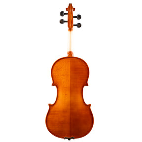 Back view of a Franz Hoffmann Amadeus beginner viola with spruce top, maple back, ebony fingerboard, pegs, and chinrest 