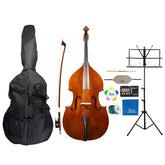 Detailed component view of a Franz Hoffmann Prelude Deluxe Outfit for beginner double bass with bass, wood bow with French grip, case, rosin, cleaning cloths, endpin anchor, tuner-metronome, folding stand, and more