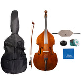 Detailed component view of a Franz Hoffmann Prelude Outfit for beginner double bass with bass, wood bow with French grip, case, rosin, cleaning cloths, and endpin anchor