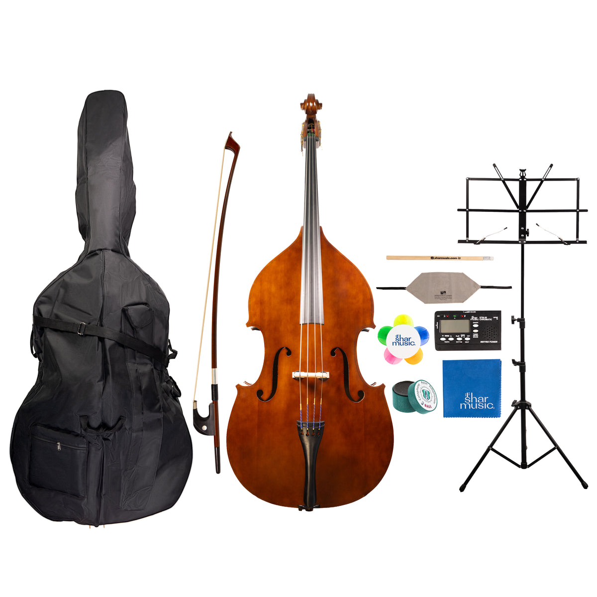 Detailed component view of a Franz Hoffmann Prelude Deluxe Outfit for beginner double bass with bass, wood bow with German grip, case, rosin, cleaning cloths, endpin anchor, tuner-metronome, folding stand, and more