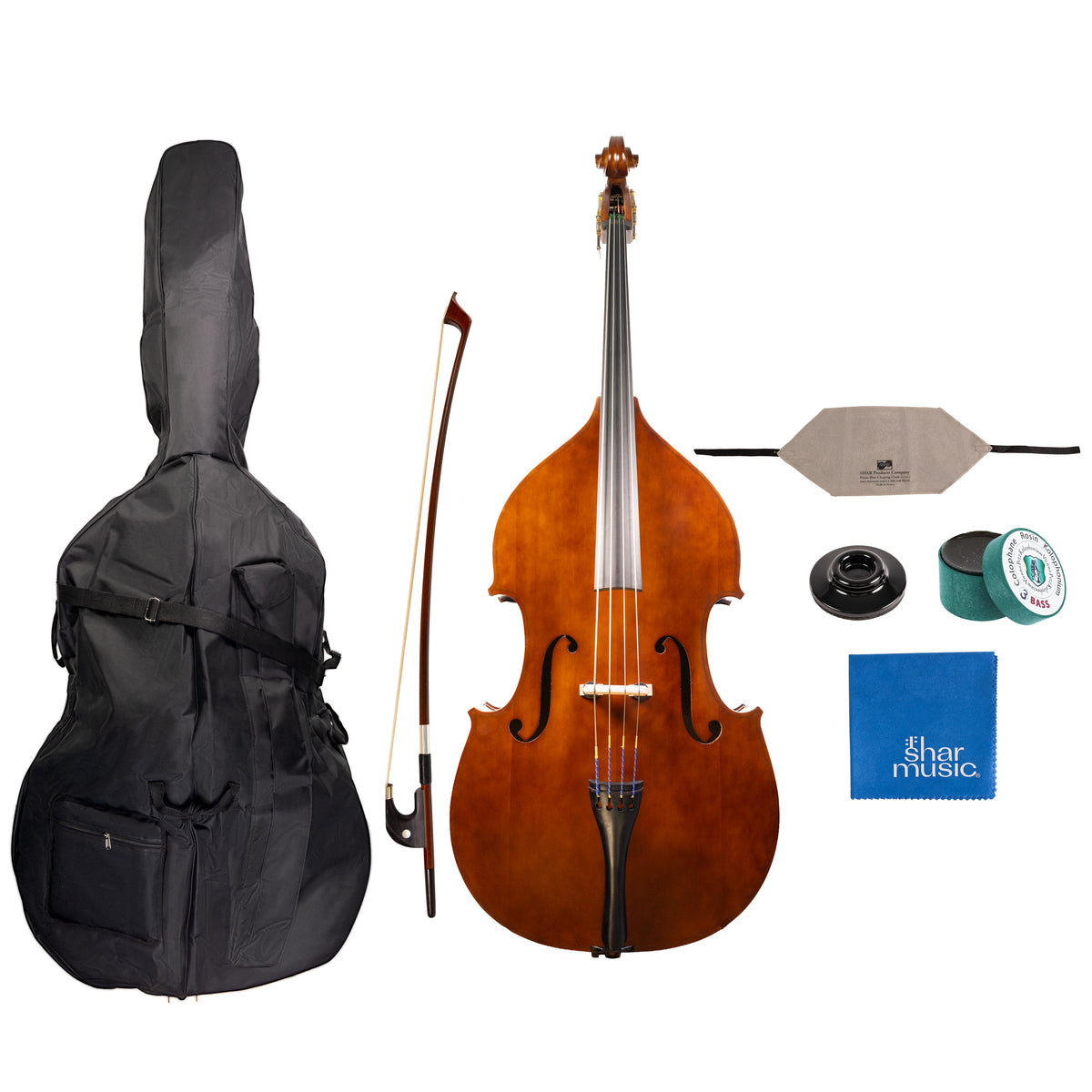 Detailed component view of a Franz Hoffmann Prelude Outfit for beginner double bass with bass, wood bow with German grip, case, rosin, cleaning cloths, and endpin anchor