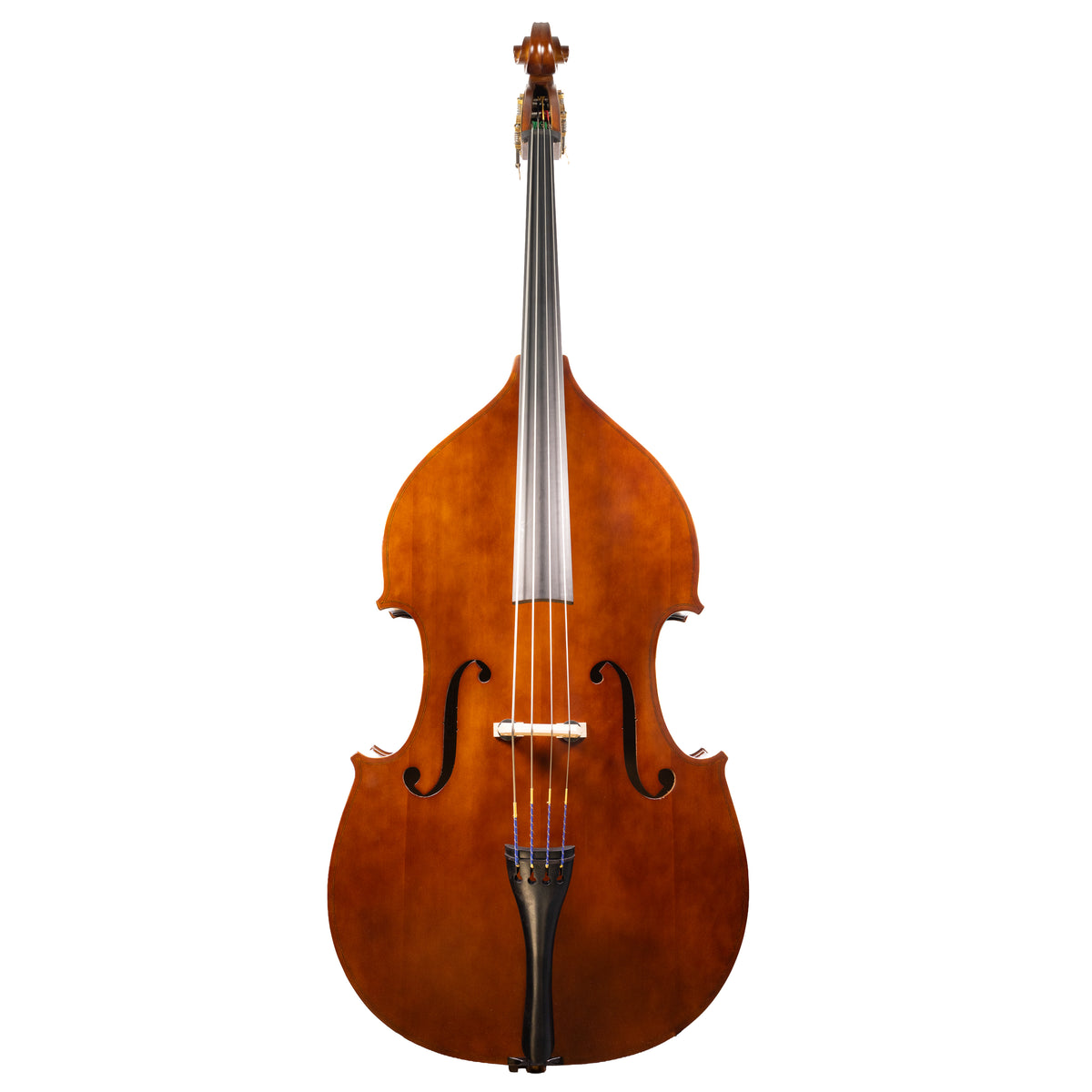 Front view of a Franz Hoffmann Prelude beginner bass with laminate front, sides, and back, ebony fingerboard, quality geared pegs, and metal endpin 