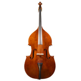 Front view of a Franz Hoffmann Prelude beginner bass with laminate front, sides, and back, ebony fingerboard, quality geared pegs, and metal endpin 
