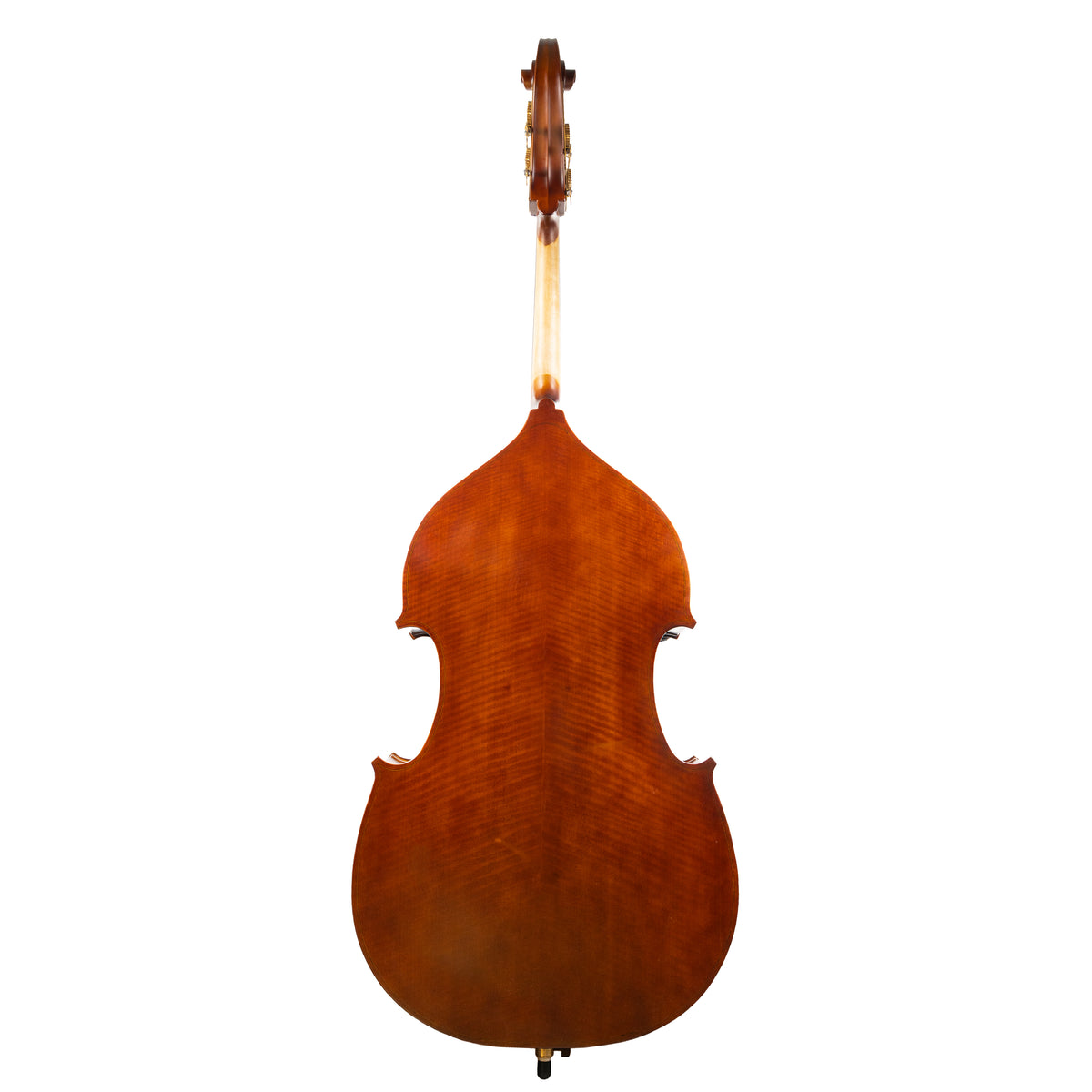 Back view of a Franz Hoffmann Prelude beginner bass with laminate front, sides, and back, ebony fingerboard, quality geared pegs, and metal endpin