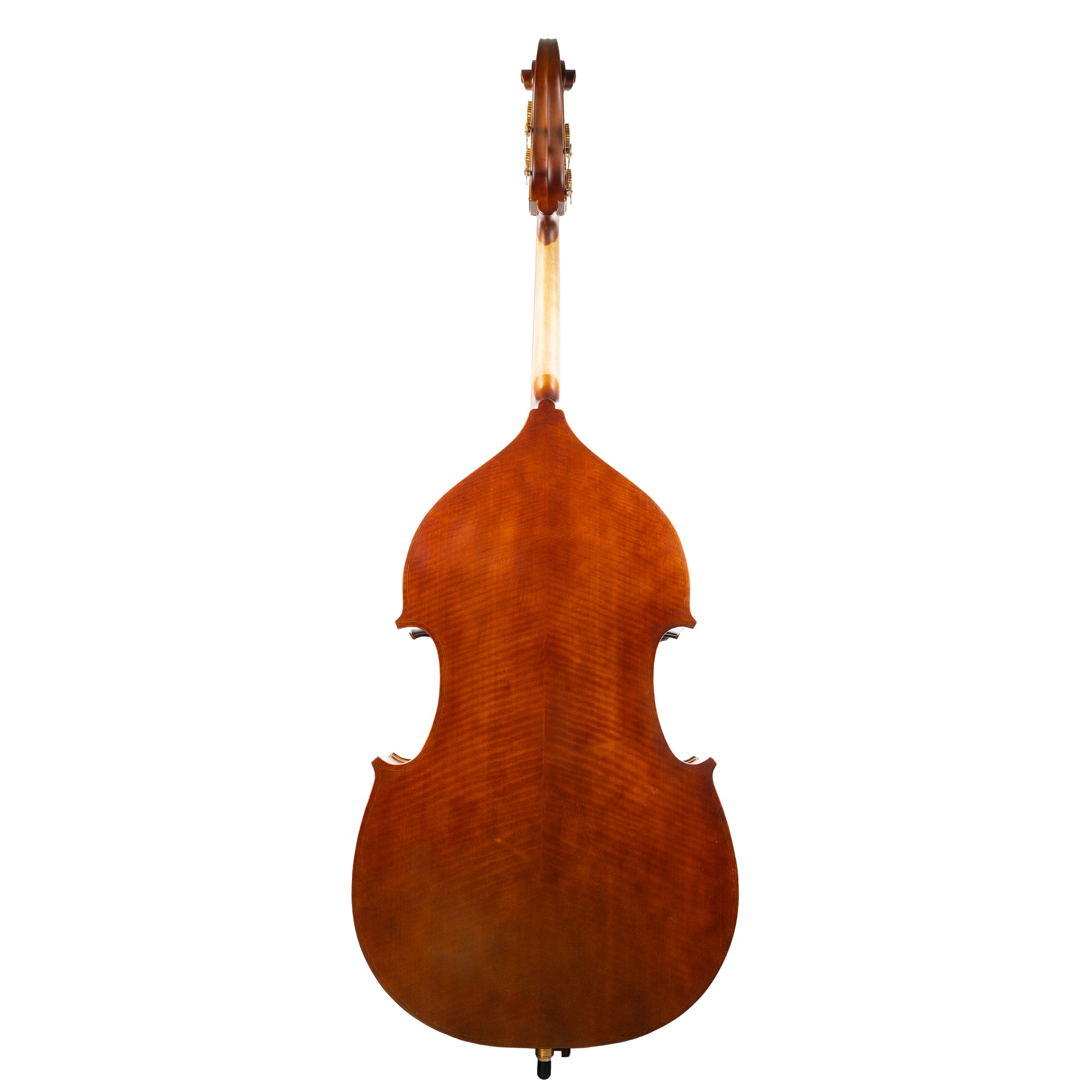 Back view of a Franz Hoffmann Prelude beginner bass with laminate front, sides, and back, ebony fingerboard, quality geared pegs, and metal endpin