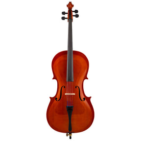Front view of a Franz Hoffmann Amadeus Carved beginner cello with spruce top, maple back, ebony fingerboard, ebony pegs, and metal endpin