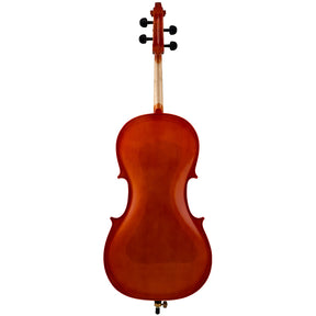 Back view of a Franz Hoffmann Amadeus Carved beginner cello with spruce top, maple back, ebony fingerboard, ebony pegs, and metal endpin