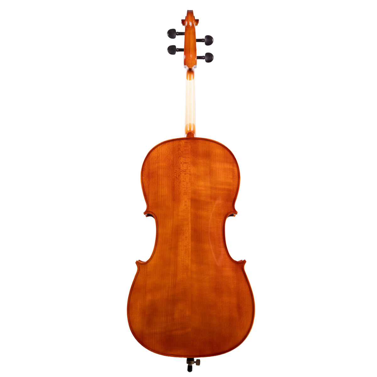 Back view of a Franz Hoffmann Amadeus Carved beginner cello with spruce top, maple back, ebony fingerboard, ebony pegs, and metal endpin 

 