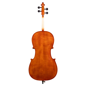 Back view of a Franz Hoffmann Amadeus Carved beginner cello with spruce top, maple back, ebony fingerboard, ebony pegs, and metal endpin 

 