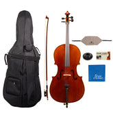 Detailed component view of a Franz Hoffmann Prelude Outfit for beginner cello with cello, wood bow, case, rosin, cleaning cloths, and endpin anchor