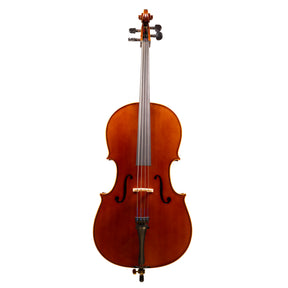 Front view of a Franz Hoffmann Prelude Carved beginner cello with spruce top, maple back, ebony fingerboard, ebony pegs, and metal endpin 