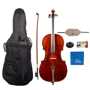Detailed component view of a Franz Hoffmann Danube Outfit for beginner cello with cello, wood bow, case, rosin, cleaning cloths, and endpin anchor 