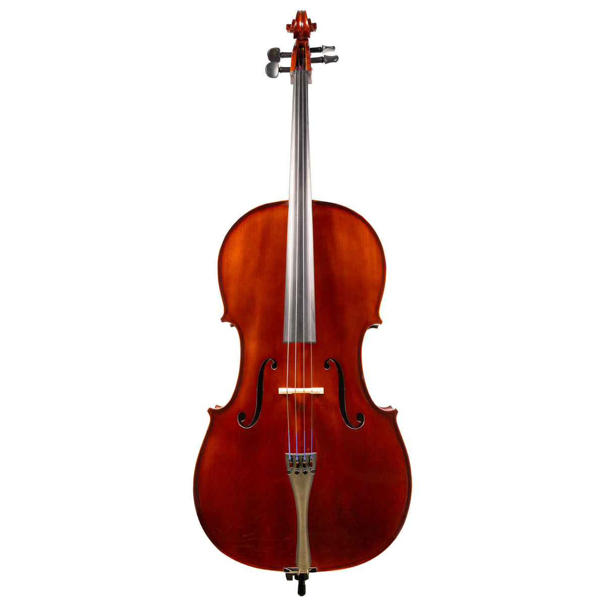Front view of a Franz Hoffmann Danube beginner cello with spruce top, maple back, ebony fingerboard, pegs, and chinrest 