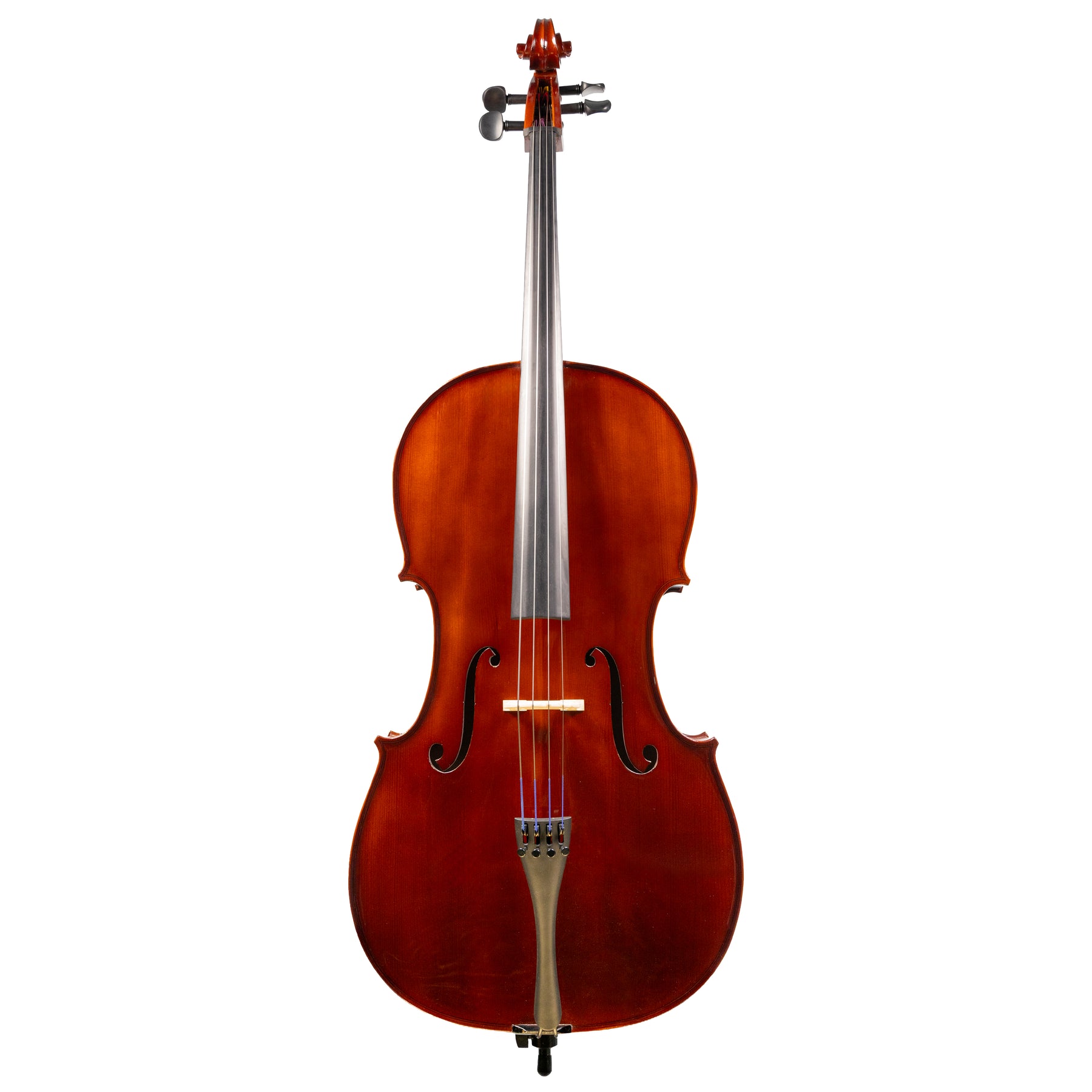 Front view of a Franz Hoffmann Danube beginner cello with spruce top, maple back, ebony fingerboard, pegs, and metal endpin