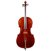 Front view of a Franz Hoffmann Danube beginner cello with spruce top, maple back, ebony fingerboard, pegs, and chinrest 