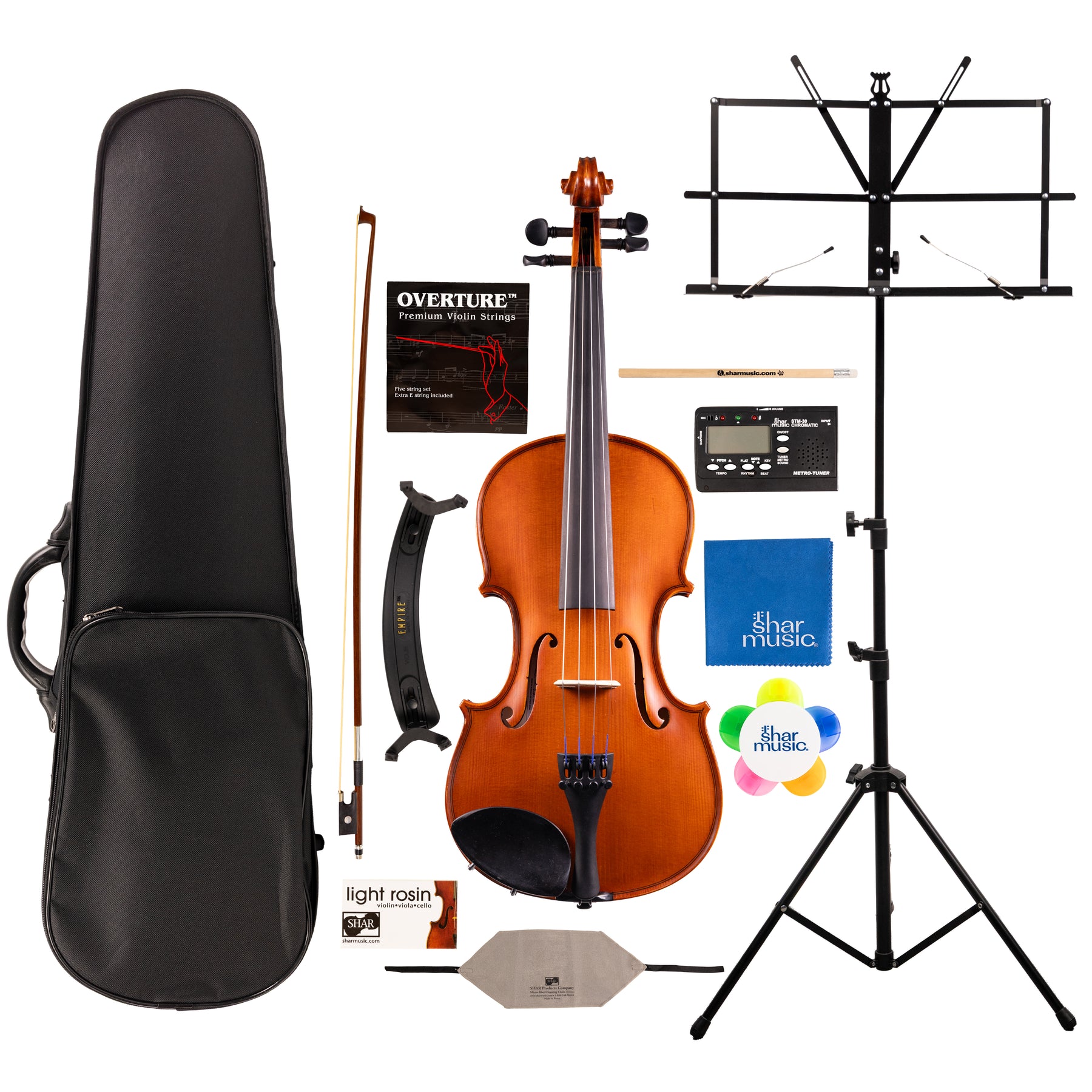 Detailed component view of a Franz Hoffmann Danube Deluxe Outfit for beginner violin with violin, wood bow, case, rosin, cleaning cloths, shoulder rest, tuner-metronome, folding stand, and more 
